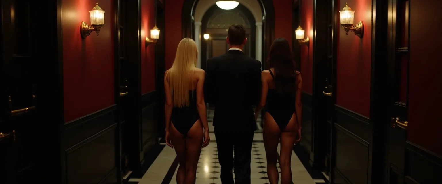 A man in a dark suit walking down the corridor with a woman on each arm, seen from behind