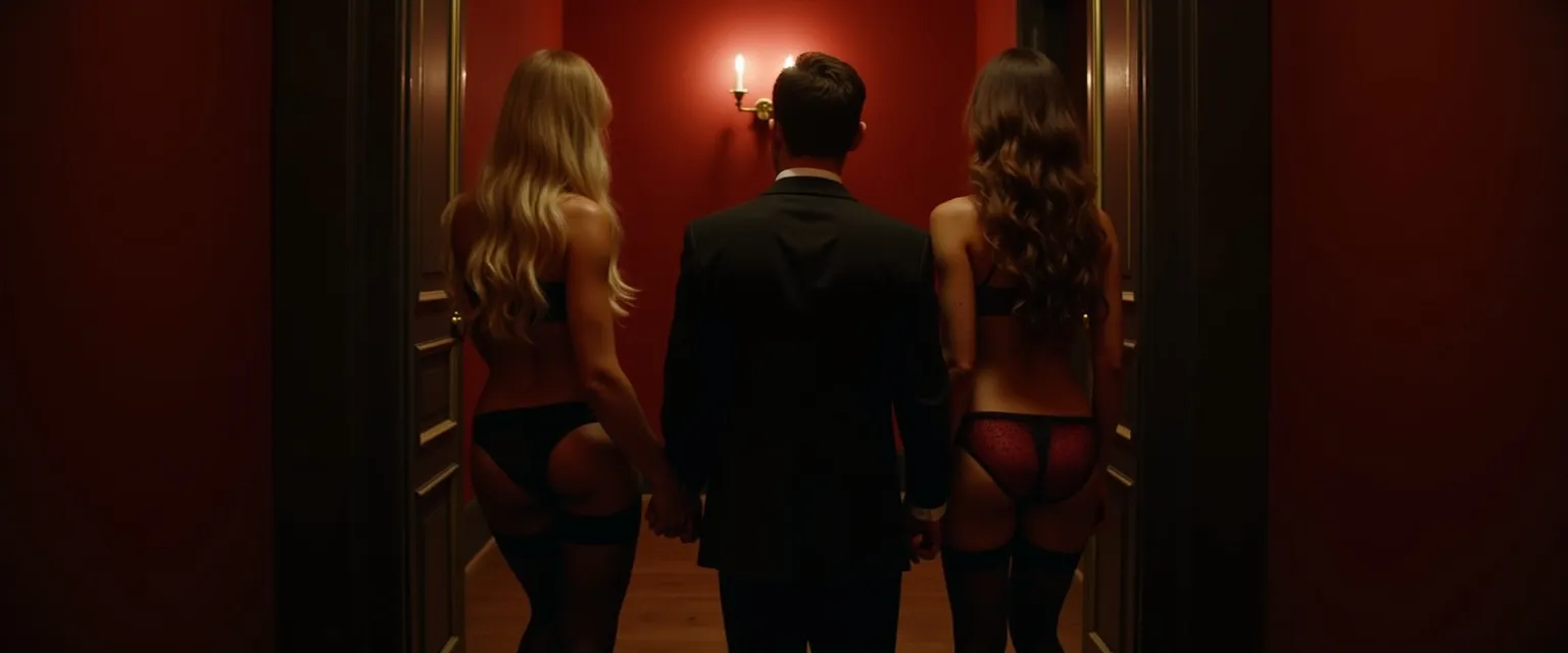 Two women in lingerie leading a man in a dark suit into a candlelit room, seen from behind