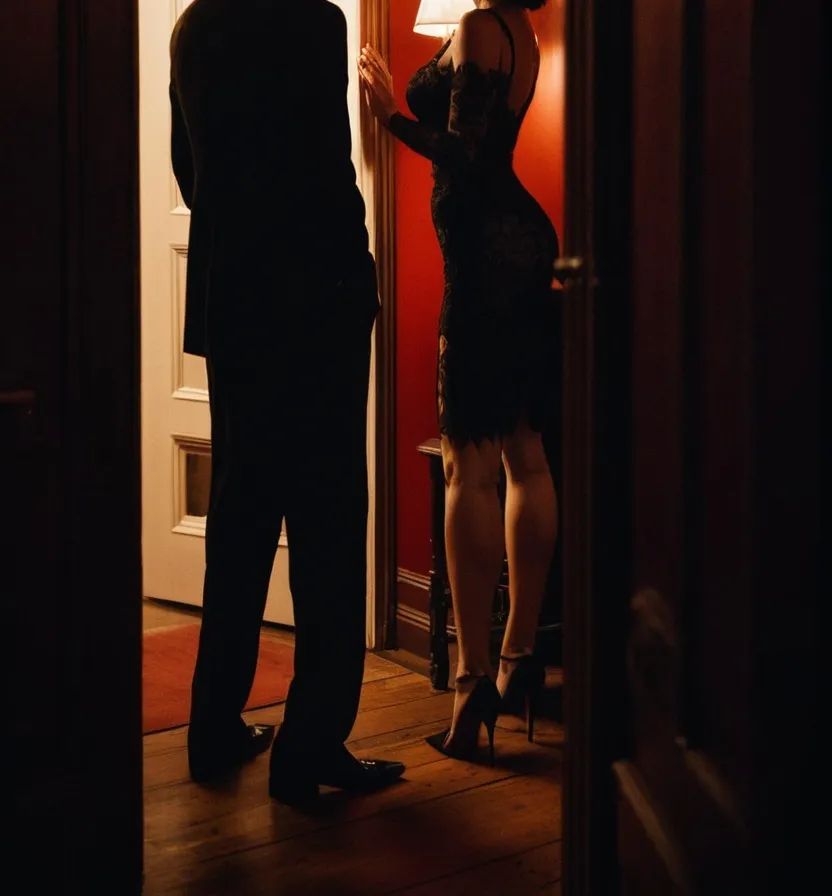 A couple in a doorway by candlelight, her back to the camera, his hand on her back